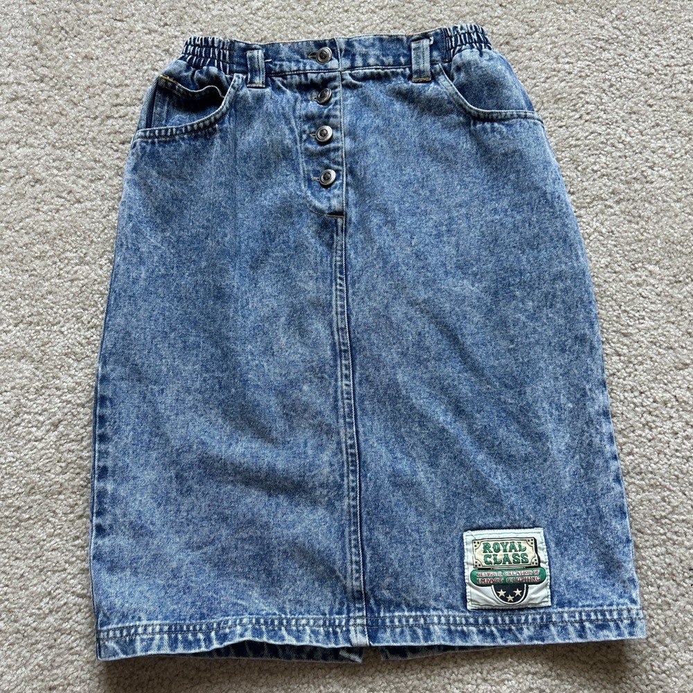 Royal Class Vintage 80s Acid Wash Denim Skirt Blue Cotton Midi Pencil Skirt S